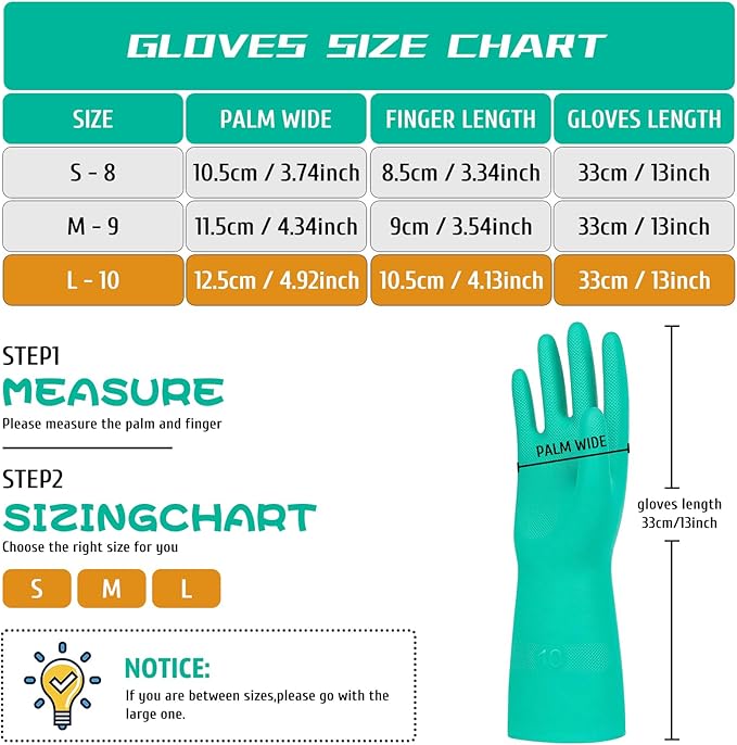 Large Green Chemical Resistant Nitrile Gloves 13" Long Rubber Gloves for Drains, Household 12 Pair Pack.
