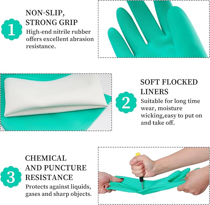 Large Green Chemical Resistant Nitrile Gloves 13" Long Rubber Gloves for Drains, Household 12 Pair Pack.