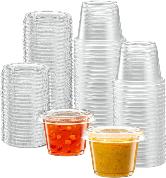 {1 oz - 100 Sets} Clear Disposable Plastic Portion Cups with Lids, Tiny Mini Containers For Portion Control, Jello Shots, Meal Preparation, Sauce Cups, Slime, Condiments, Art, Dressings, and a Lot More