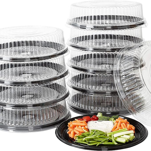 Robust and recyclable Serving Tray (16 in.) with Lid (10 pieces). Big Clear Lid Party Platters made of Black Plastic. Stylish Round Banquet or Catering Trays for Plating Sandwiches, Veggie Plates, and Appetizers