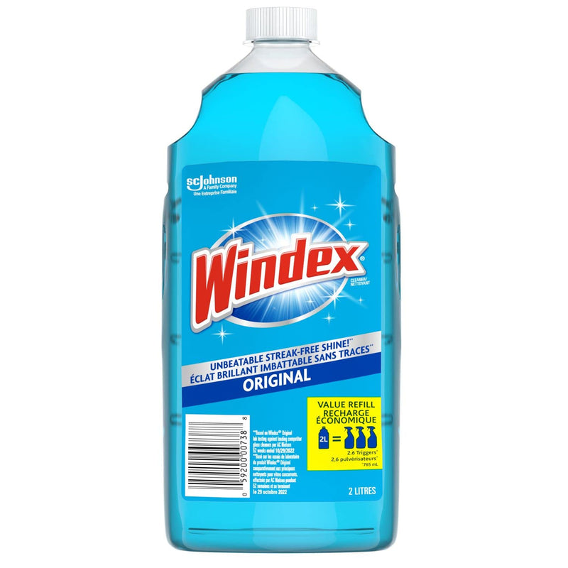 Windex Original Blue Glass and Window Cleaner Refill, Removes Fingerprints, Smudges, and Smears, 2L