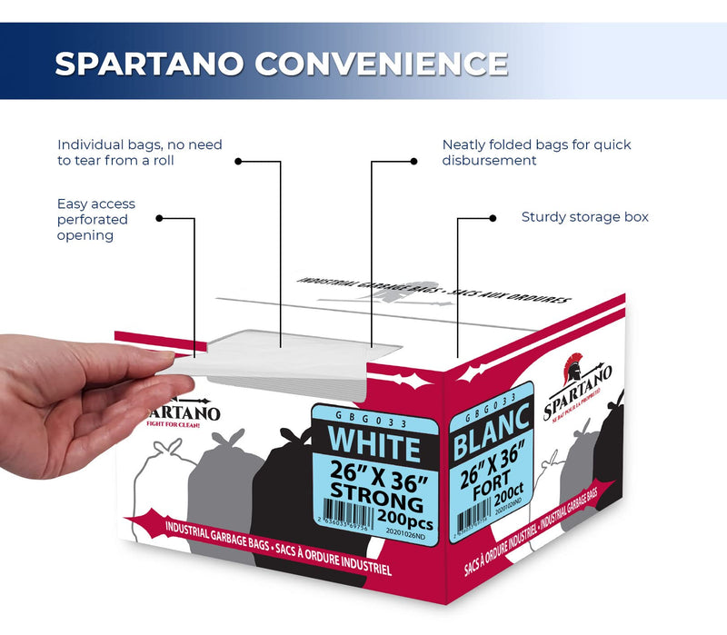 Spartano White Garbage Bags 26 x 36 Inch (200 Count), Strong Kitchen Garbage Bag for Waste Bin, Multipurpose Trash Bags for Home & Office