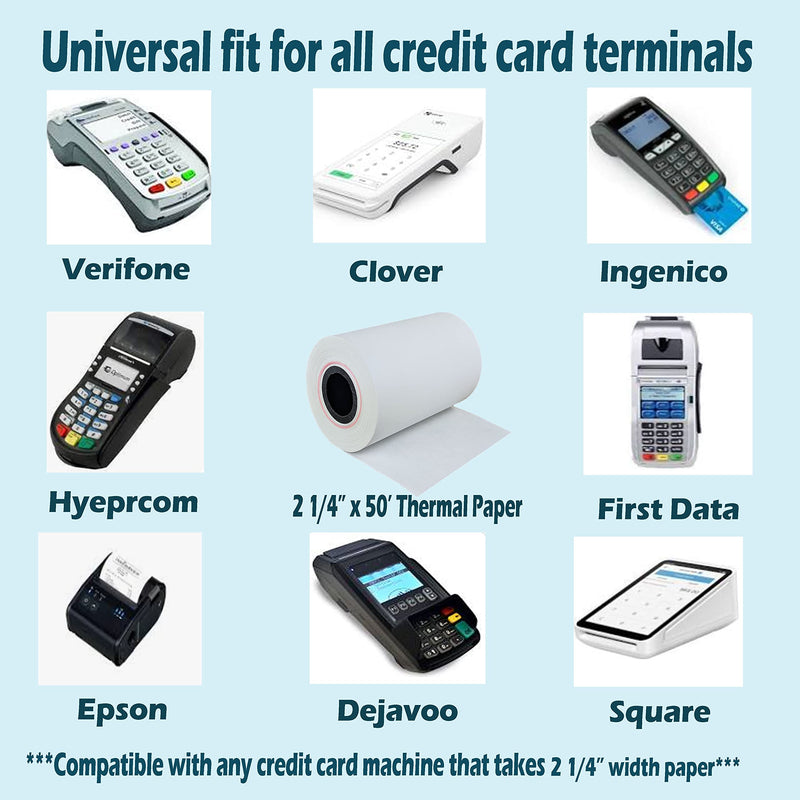 Eco Pack (50 Rolls) 2 1/4 x 75 Thermal Paper Receipt Rolls 2.25 x 75 ft, 55 GSM Premium Quality German Paper Fits All Credit Card Terminals Verifone VX510 VX570 FD50 BPA Free from BuyRegisterRolls