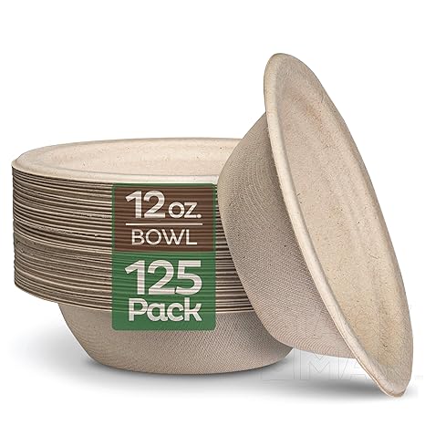 Paper Bowls, 12 oz., 100% Compostable [125-Pack] High-Grade Natural Disposable Bagasse with Eco-Friendly Properties and Biodegradability derived from sugar cane fibers