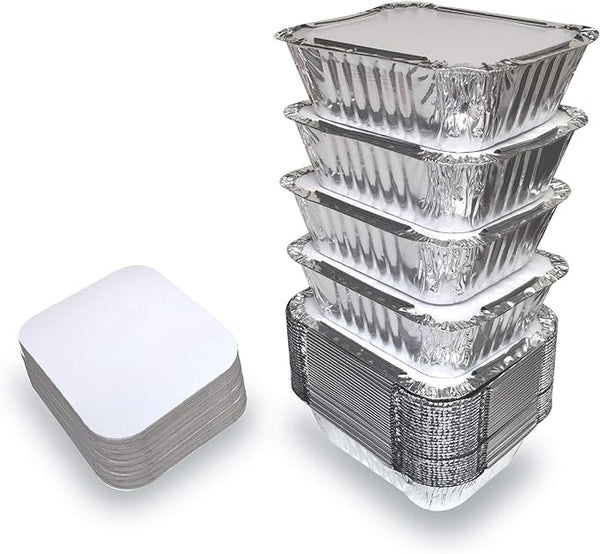 55 PACK - Lidded Aluminum Foil Pan Containers Take-out Pans Disposable Food Containers Simple Pack Made From Extra - SMALL SIZE: 5.5" x 4.5" x 1.9"; 1 lb capacity