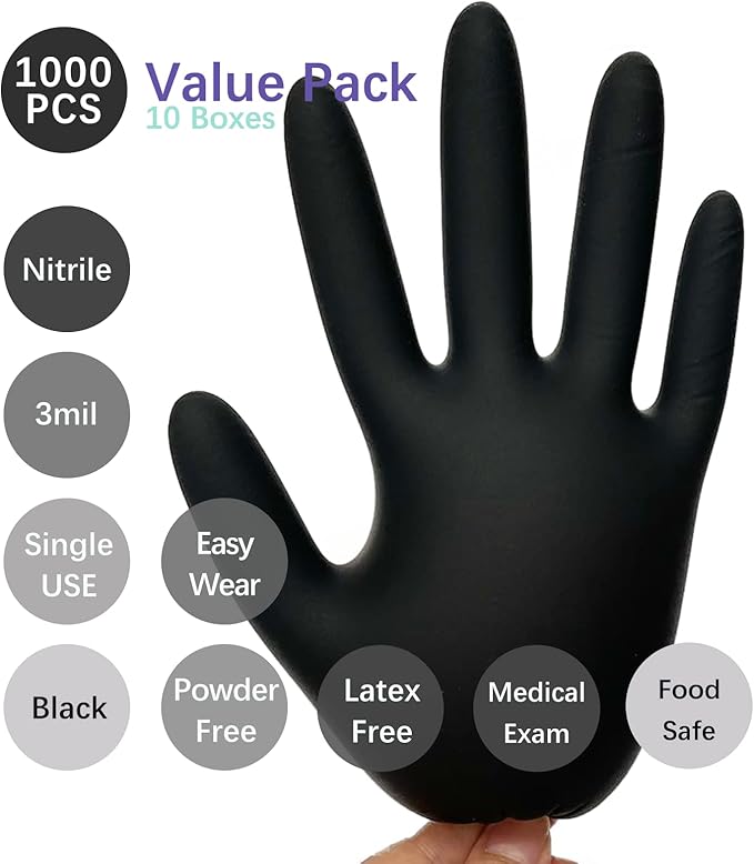 Small Black Nitrile Food Safe Disposable Medical Gloves Latex Free Powder Free for Food Prep Cooking Cleaning Exam 3mil Bulk Pack 1000 Pcs.