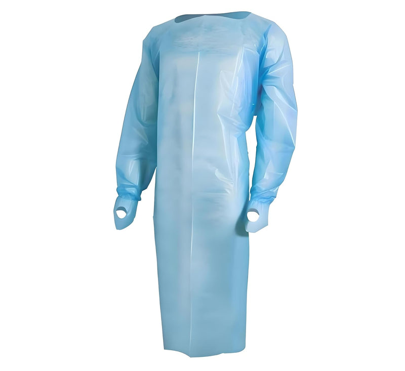 Disposable Isolation Gowns for Medical & Dental Patient Exam, 25 GSM CPE, Apron Style Open Back, Waist Tie, Long Sleeve, Thumb Loop Wrists, One Size Fits All, Blue - Pack of 10